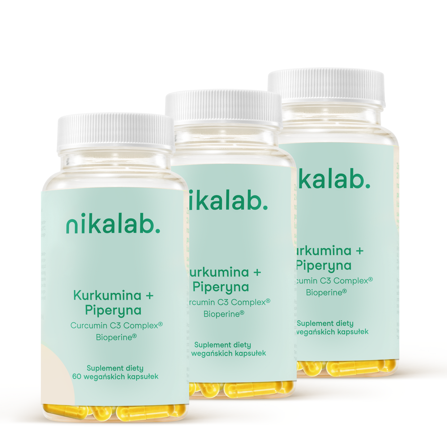 Zestaw trzech słoiczków Kurkumina + Piperyna – suplement diety nikalab.