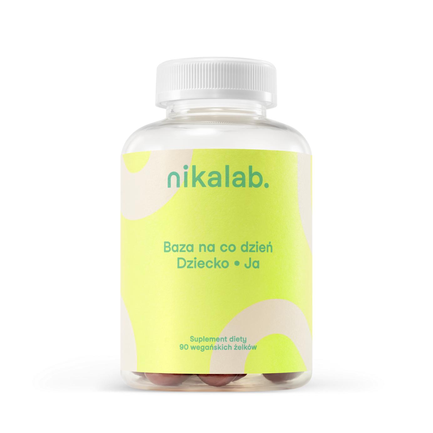 Suplement diety nikalab – Baza na co dzień dla dzieci 3+ lat – 90 wegańskich żelków w biodegradowalnym słoiczku z kolorową etykietą.