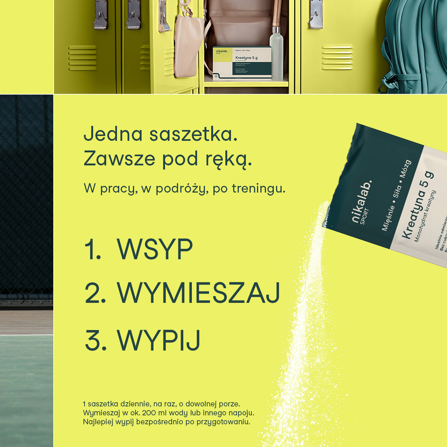 Grafika z instrukcją użycia kreatyny nikalab w saszetkach. Hasło: Jedna saszetka zawsze pod ręką – w pracy, w podróży, po treningu. Kroki: 1. Wsyp, 2. Wymieszaj, 3. Wypij. Obok saszetka kreatyny wysypująca proszek.