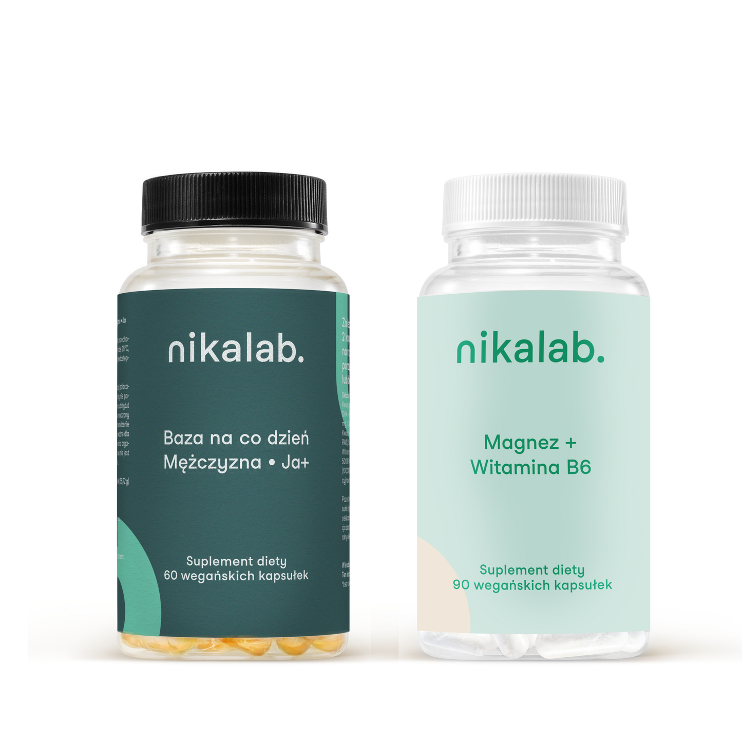 Zestaw dwóch suplementów diety nikalab: Baza na co dzień dla mężczyzn 50+ lat (60 wegańskich kapsułek) i Magnez + Witamina B6 (90 wegańskich kapsułek) – oba w biodegradowalnych słoiczkach.