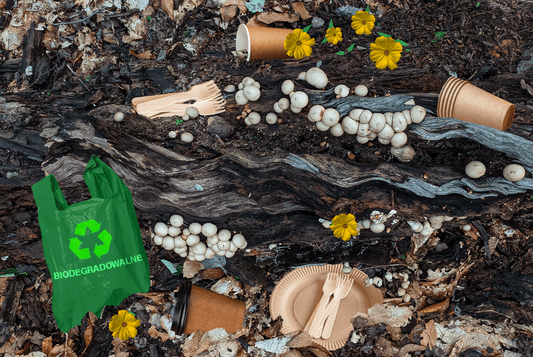 Kompostowalne i biodegradowalne śmieci na tle kompostownika 