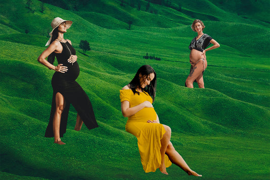 Trzy zadowolone ciężarne kobiety, których ciąża zaskoczyła pozytywnymi zmianami w ciele.