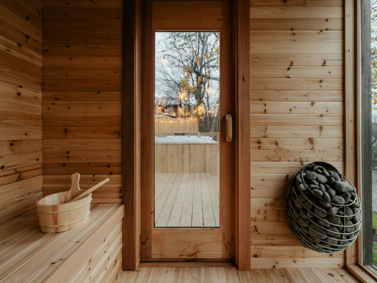 Wnętrze drewnianej sauny: ławka z wiadrem i piec z kamieniami, widok przez drzwi na taras — okładka poradnika „Jak korzystać z sauny? 8 zasad dla zdrowia i relaksu”.