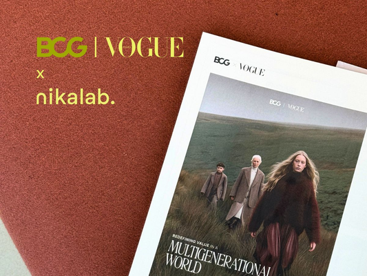 Grafika z logo BCG i VOGUE oraz napisem „BCG x nikalab” obok okładki magazynu przedstawiającej trzy osoby z różnych pokoleń idące przez zielony krajobraz, z hasłem „Multigenerational World”.