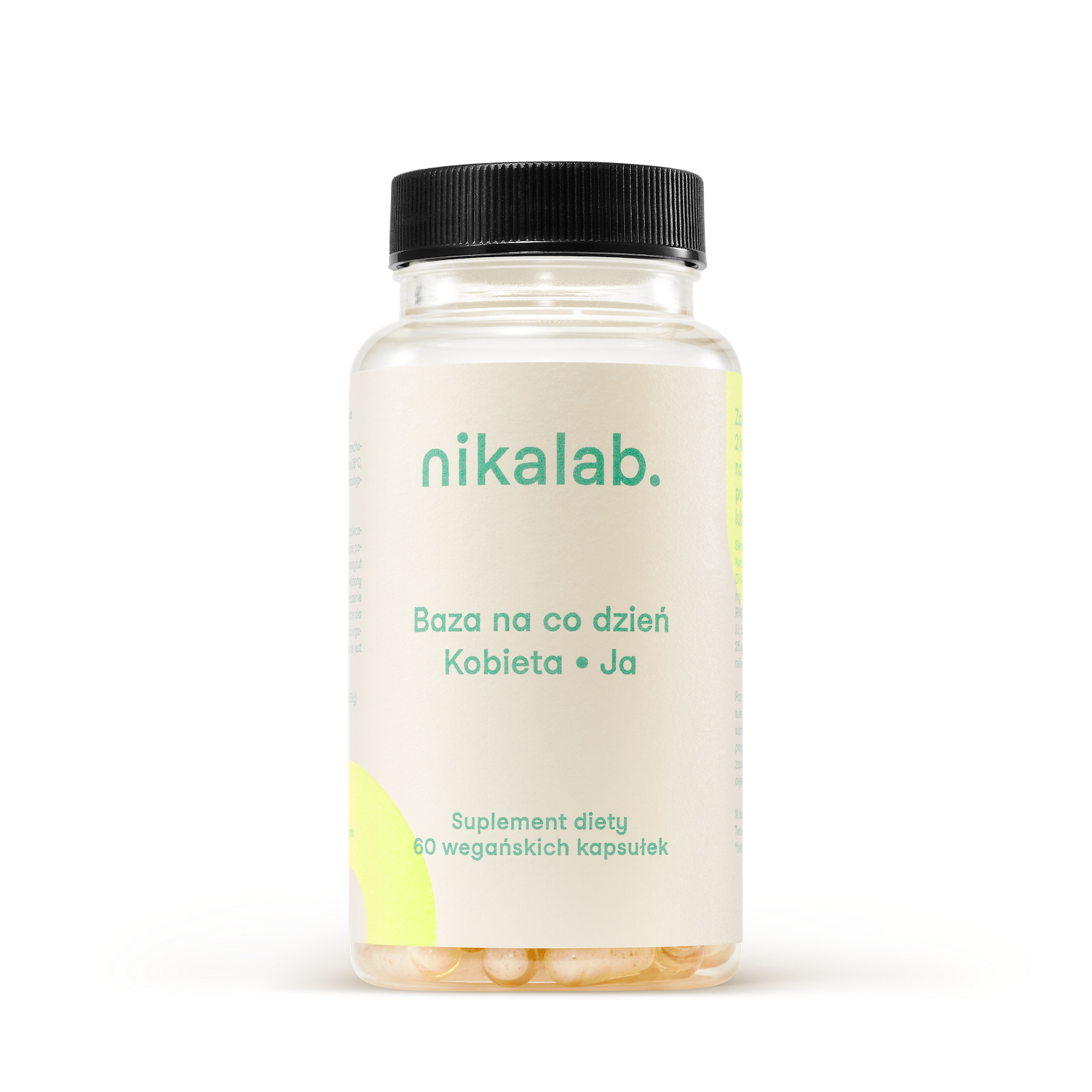 Suplement diety nikalab – Baza na co dzień dla kobiet 18-49 lat, biodegradowalny słoiczek z jasną etykietą. 60 wegańskich kapsułek dla codziennego wsparcia kondycji organizmu, urody, samopoczucia.