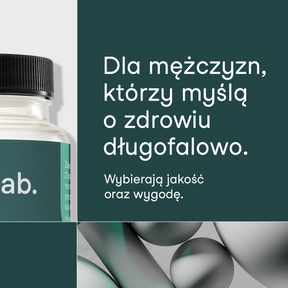 Grafika informacyjna suplementu diety Baza na co dzień Mężczyzna Ja+ z hasłem dla mężczyzn myślących o zdrowiu długofalowo oraz fragmentem opakowania produktu.