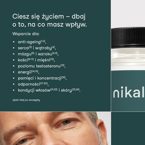 Grafika informacyjna opisująca obszary wsparcia suplementu diety Baza na co dzień Mężczyzna Ja+, z listą korzyści zdrowotnych oraz fragmentem opakowania produktu.