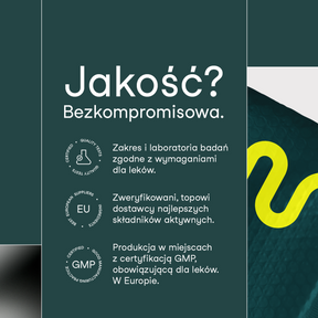 Grafika informacyjna prezentująca jakość suplementu diety Baza na co dzień Mężczyzna Ja+, z informacjami o badaniach laboratoryjnych, certyfikacji GMP oraz europejskich dostawcach składników.