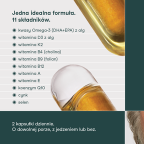 Grafika informacyjna przedstawiająca skład suplementu diety Baza na co dzień Mężczyzna Ja+, z listą 11 składników oraz wizualizacją kapsułki.