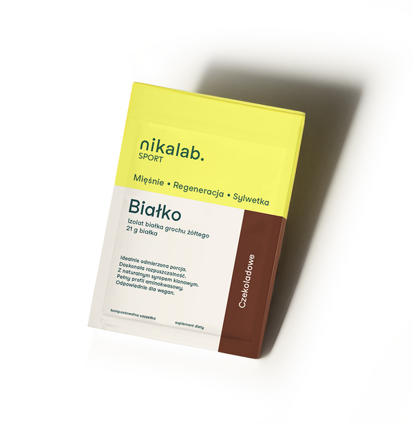 Opakowanie wegańskiego białka czekoladowego nikalab sport – izolat białka grochu w saszetce.