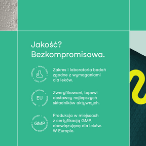 Grafika informacyjna produktu nikalab podkreślająca bezkompromisową jakość suplementu: badania zgodne z wymaganiami dla leków, zweryfikowani europejscy dostawcy składników oraz produkcja w standardzie GMP w Europie.