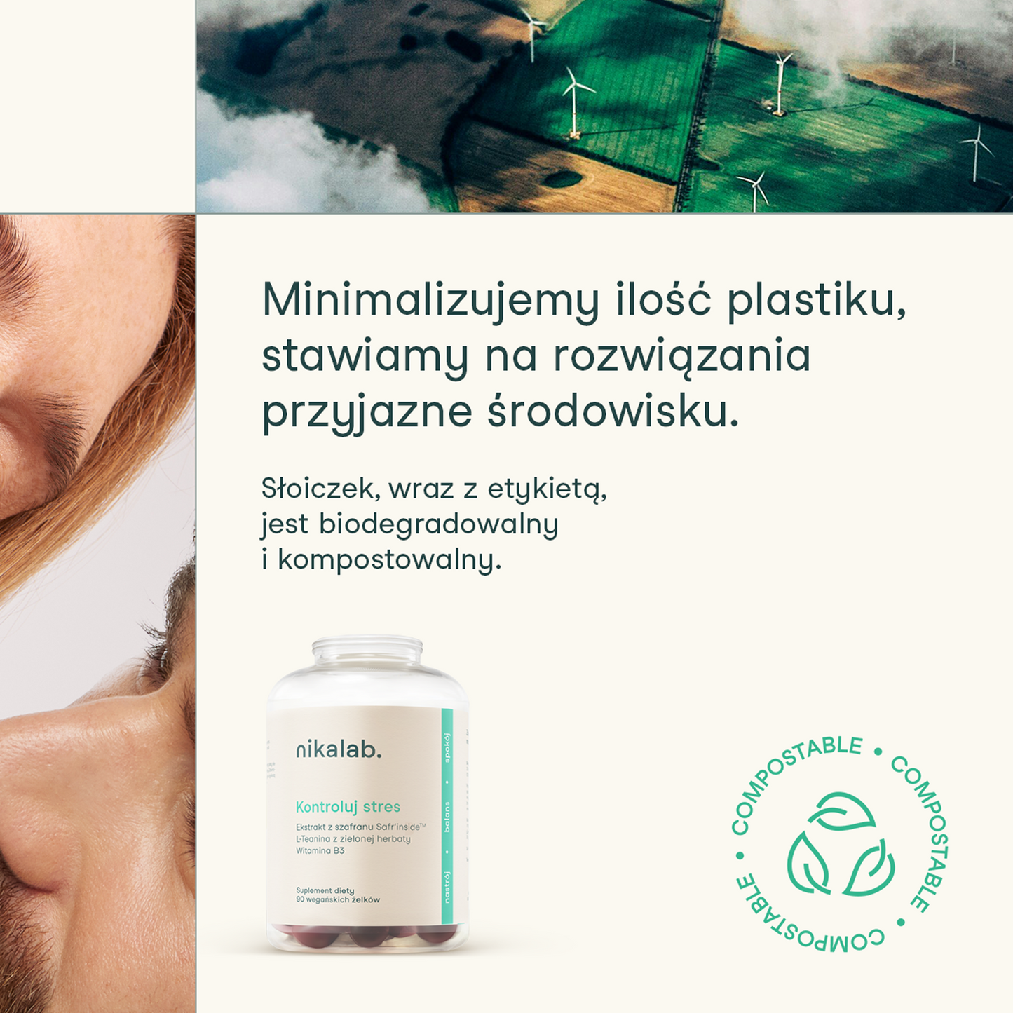 Grafika informująca o ekologicznym, kompostowalnym opakowaniu suplementu nikalab Kontroluj stres i ograniczeniu plastiku.