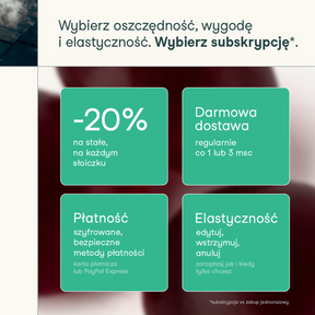 Grafika informująca o korzyściach subskrypcji suplementu nikalab Kontroluj stres: stała zniżka -20% na każdy słoiczek, darmowa dostawa co 1 lub 3 miesiące, bezpieczne metody płatności oraz możliwość edycji, wstrzymania lub anulowania subskrypcji.