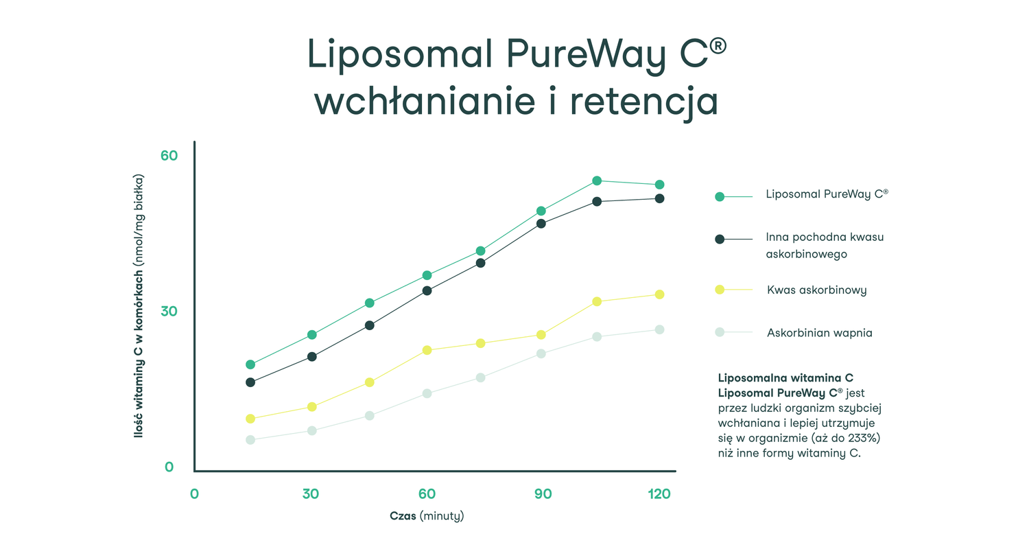 Wykres porównujący wchłanianie i retencję witaminy C – Liposomal PureWay C® działa szybciej i dłużej niż inne formy.