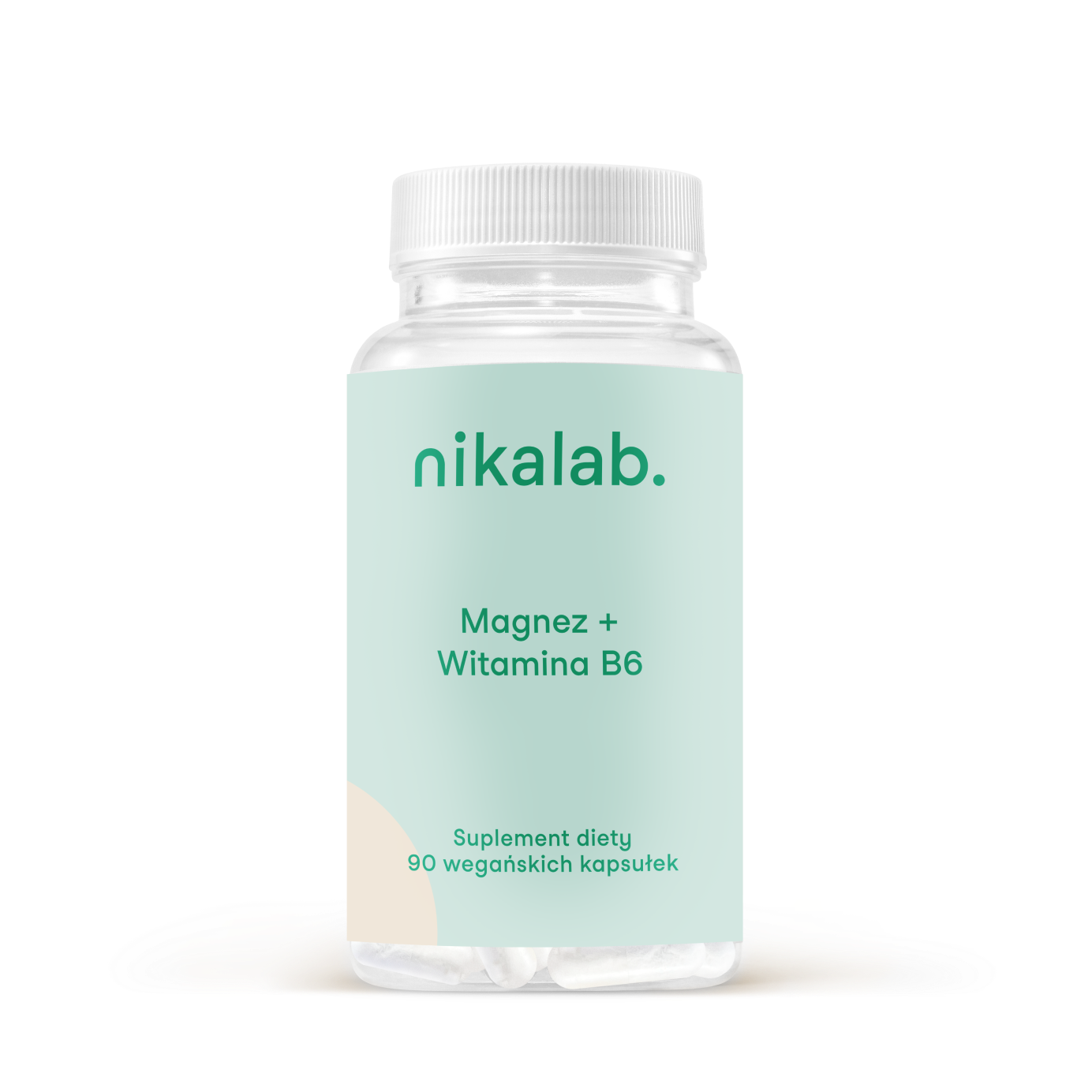 Suplement diety nikalab – Magnez + Witamina B6 – 90 wegańskich kapsułek w biodegradowalnym słoiczku z jasną etykietą. 