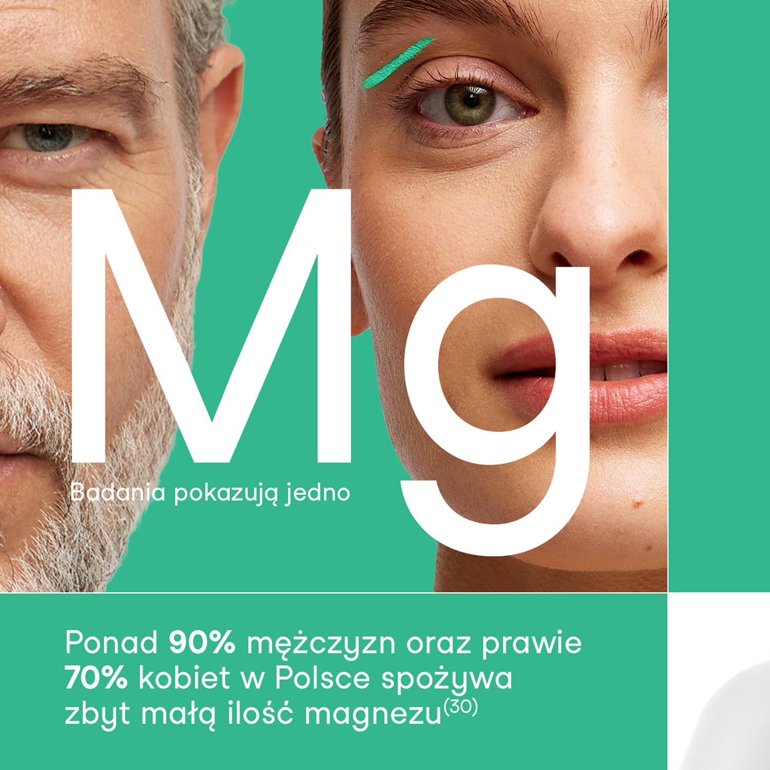 Grafika informacyjna przedstawiająca twarze kobiety i mężczyzny oraz informację o powszechnych niedoborach magnezu w populacji, odnosząca się do suplementu diety Magnez + Witamina B6 w kapsułkach.