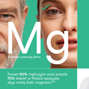 Grafika informacyjna przedstawiająca twarze kobiety i mężczyzny oraz informację o powszechnych niedoborach magnezu w populacji, odnosząca się do suplementu diety Magnez + Witamina B6 w kapsułkach.