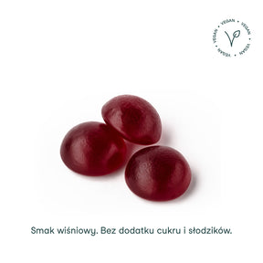 Innowacyjne, wegańskie żelki o smaku wiśniowym. Bez dodatku cukru i słodzików. 