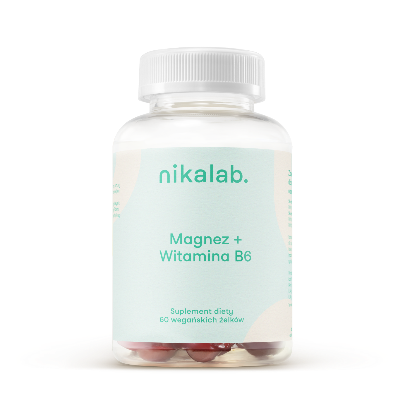 Suplement diety nikalab – Magnez + Witamina B6 – 60 wegańskich żelków w biodegradowalnym słoiczku z jasną etykietą.