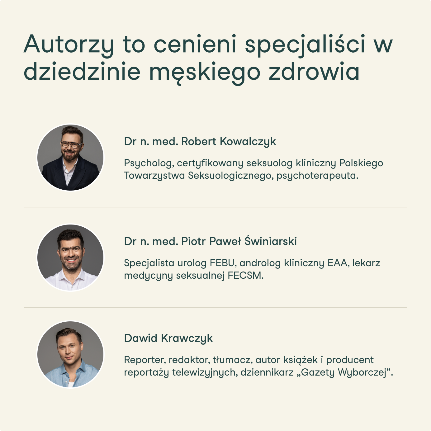 Sekcja prezentująca autorów książki „Męska Rzecz” wraz z opisem ich specjalizacji w obszarze zdrowia mężczyzn.
