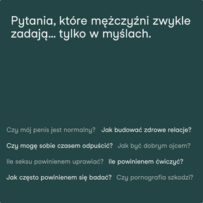 Plansza z pytaniami poruszanymi w książce „Męska Rzecz”, dotyczącymi zdrowia, relacji i seksualności mężczyzn.