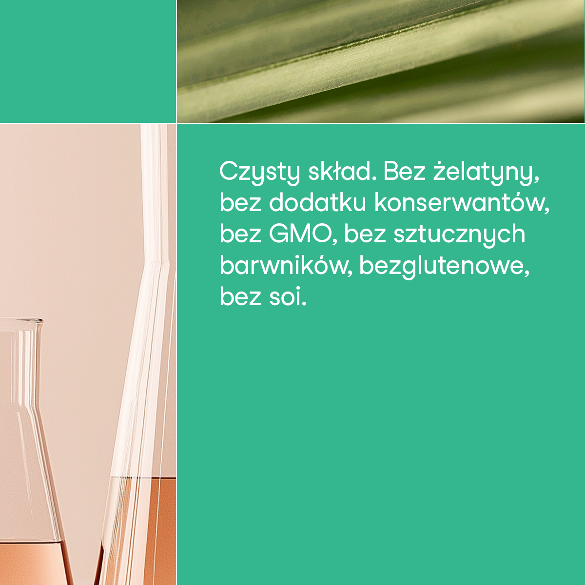 Grafika reklamowa nikalab: po lewej szklane naczynia laboratoryjne z płynem, u góry fragment zielonej rośliny, po prawej tekst „Czysty skład. Bez żelatyny, bez dodatku konserwantów, bez GMO, bez sztucznych barwników, bezglutenowe, bez soi.” na zielonym tle.