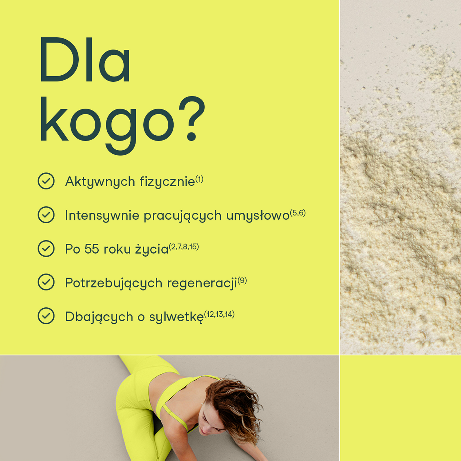 Grafika z hasłem „Dla kogo?” i listą: aktywni fizycznie, intensywnie pracujący umysłowo, osoby po 55. roku życia, potrzebujący regeneracji, dbający o sylwetkę. Obok zdjęcie proszku i kobieta w żółtym stroju sportowym.