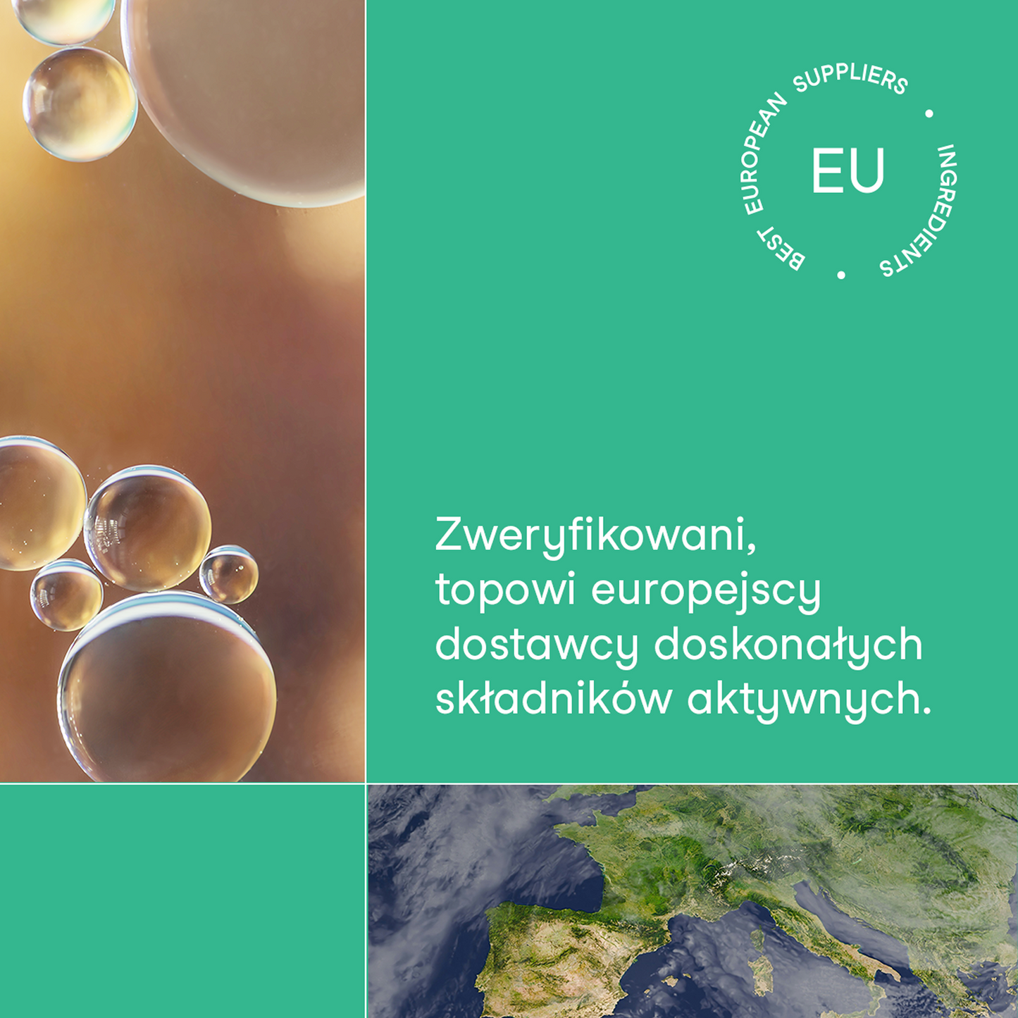 Grafika nikalab z napisem: Zweryfikowani, topowi europejscy dostawcy doskonałych składników aktywnych. Po lewej stronie widoczne przezroczyste bąbelki na tle w ciepłych barwach, na dole fragment zdjęcia satelitarnego Europy. W rogu okrągłe logo z napisem „Best European Suppliers Ingredients” i skrótem EU.