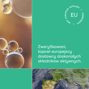 Grafika nikalab z napisem: Zweryfikowani, topowi europejscy dostawcy doskonałych składników aktywnych. Po lewej stronie widoczne przezroczyste bąbelki na tle w ciepłych barwach, na dole fragment zdjęcia satelitarnego Europy. W rogu okrągłe logo z napisem „Best European Suppliers Ingredients” i skrótem EU.