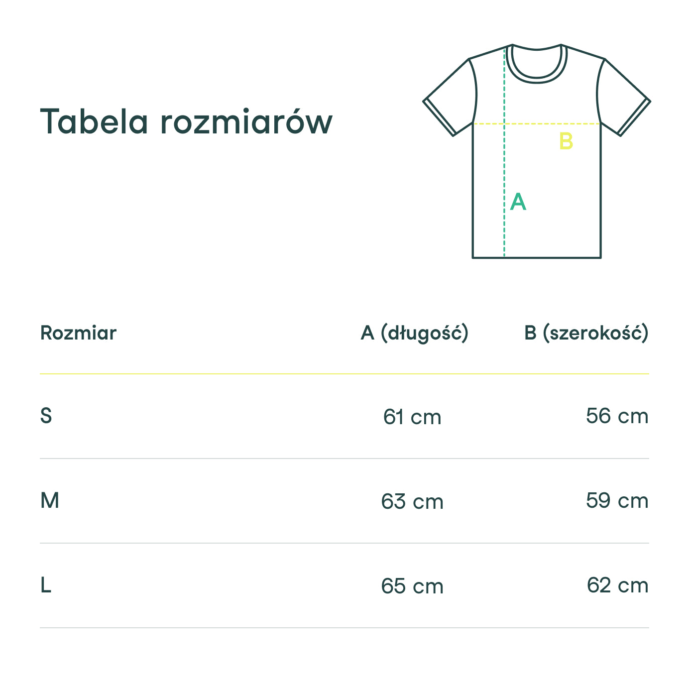 Tabela rozmiarów koszulki nikalab limited edition – długość i szerokość dla rozmiarów S (61/56 cm), M (63/59 cm) i L (65/62 cm) z graficznym schematem pomiaru.