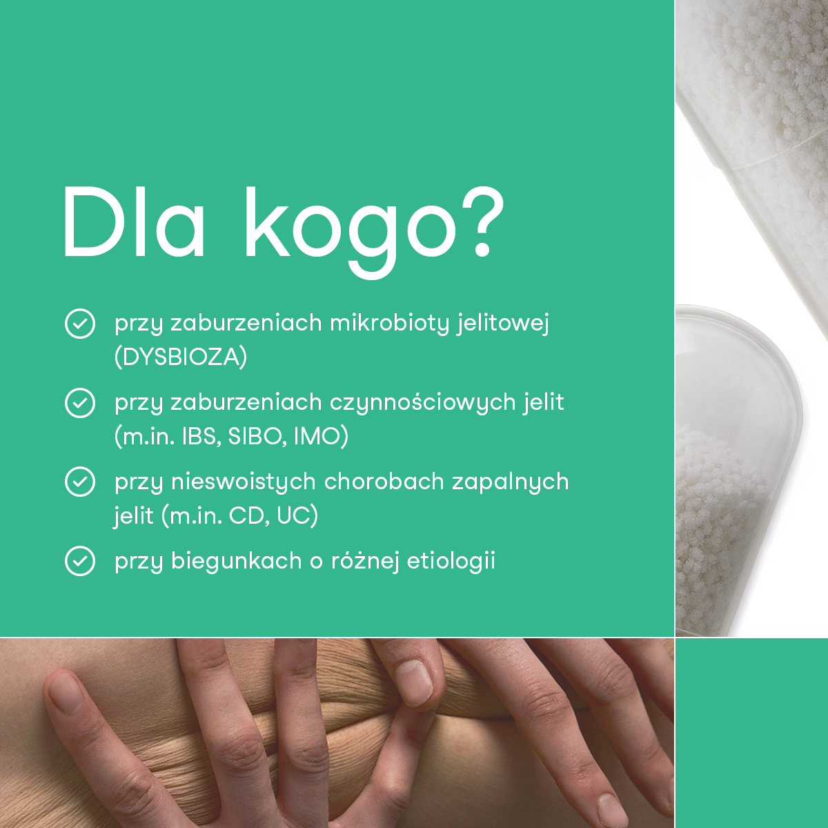 Grafika marki nikalab z napisem „Dla kogo?” oraz listą wskazań: zaburzenia mikrobioty jelitowej (dysbioza), zaburzenia czynnościowe jelit (IBS, SIBO, IMO), nieswoiste choroby zapalne jelit (CD, UC) oraz biegunki o różnej etiologii. Obok widoczna kapsułka z białym proszkiem.
