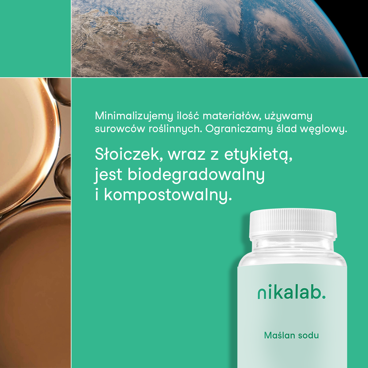 Grafika nikalab z informacją o ekologicznym opakowaniu Maślanu sodu. Słoiczek wraz z etykietą jest biodegradowalny i kompostowalny, wykonany z surowców roślinnych w celu minimalizacji śladu węglowego.