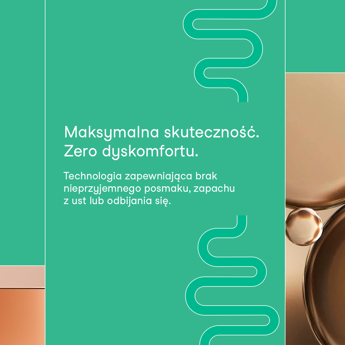 Grafika nikalab z hasłem „Maksymalna skuteczność. Zero dyskomfortu.” Tekst informuje, że technologia kapsułek zapewnia brak nieprzyjemnego posmaku, zapachu z ust ani odbijania się po suplementacji Maślanem sodu.