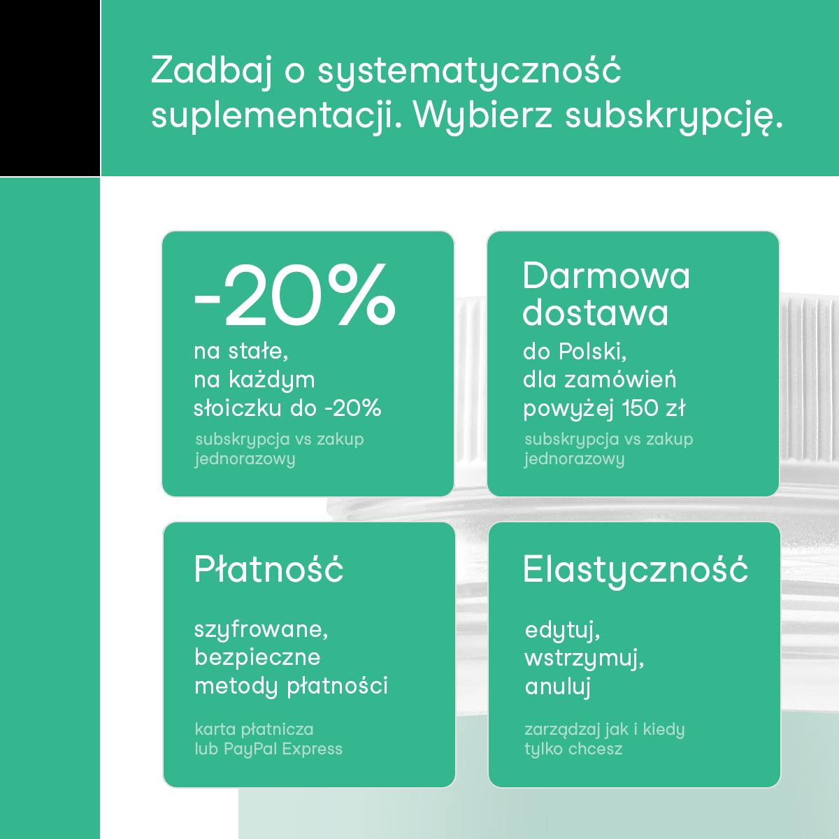Grafika nikalab zachęcająca do subskrypcji Maślanu sodu. Korzyści: do -20% na każdym słoiczku, darmowa dostawa do Polski przy zamówieniach powyżej 150 zł, szyfrowane i bezpieczne metody płatności (karta lub PayPal Express) oraz elastyczność – możliwość edycji, wstrzymania lub anulowania zamówienia.