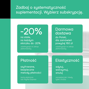 Grafika nikalab zachęcająca do subskrypcji Maślanu sodu. Korzyści: do -20% na każdym słoiczku, darmowa dostawa do Polski przy zamówieniach powyżej 150 zł, szyfrowane i bezpieczne metody płatności (karta lub PayPal Express) oraz elastyczność – możliwość edycji, wstrzymania lub anulowania zamówienia.