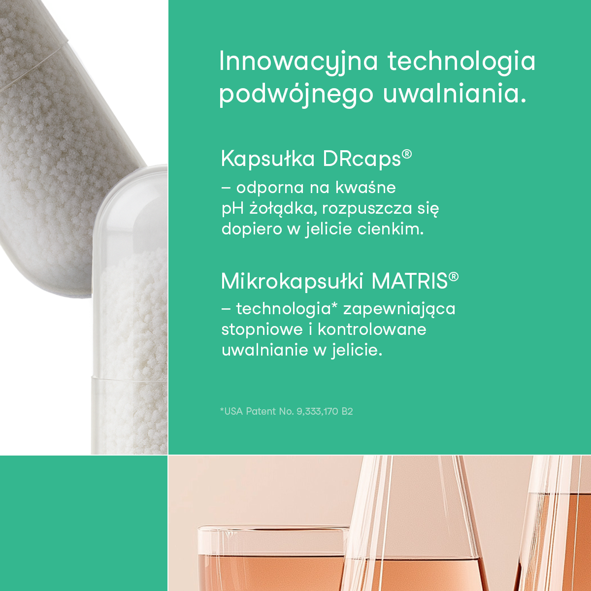 Grafika nikalab przedstawiająca kapsułki Maślanu sodu z opisem innowacyjnej technologii podwójnego uwalniania. Kapsułka DRcaps® odporna na kwaśne pH żołądka rozpuszcza się dopiero w jelicie cienkim, a mikrokapsułki MATRIS® zapewniają stopniowe i kontrolowane uwalnianie w jelicie.