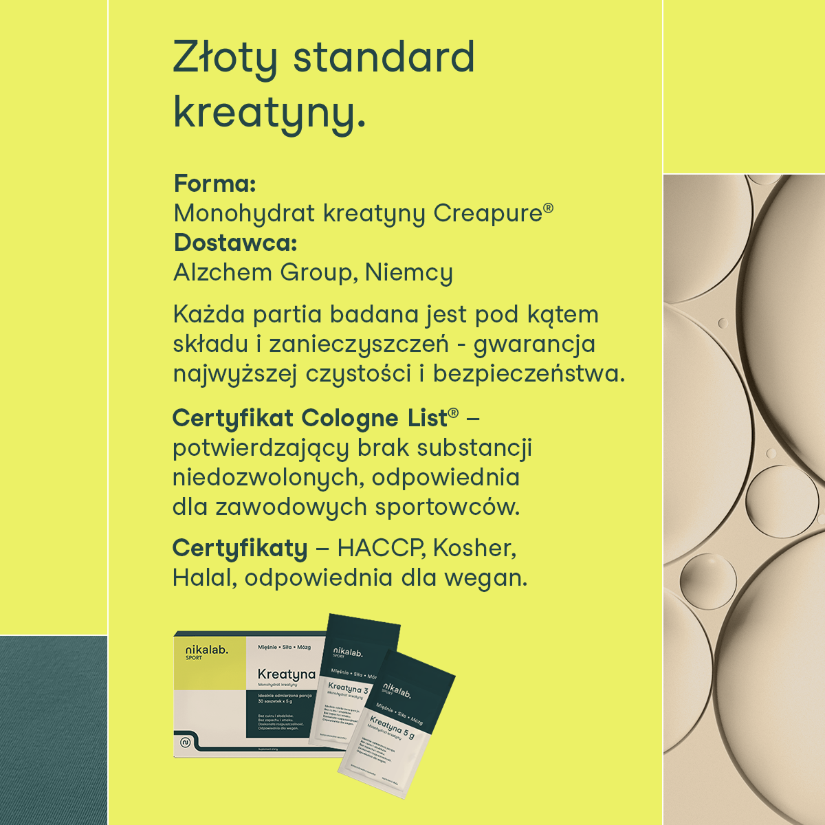 Grafika informacyjna nikalab sport przedstawiająca kreatynę Creapure z opisem formy, certyfikatów jakości i bezpieczeństwa oraz opakowaniami produktu na tle w kolorze jasnożółtym.