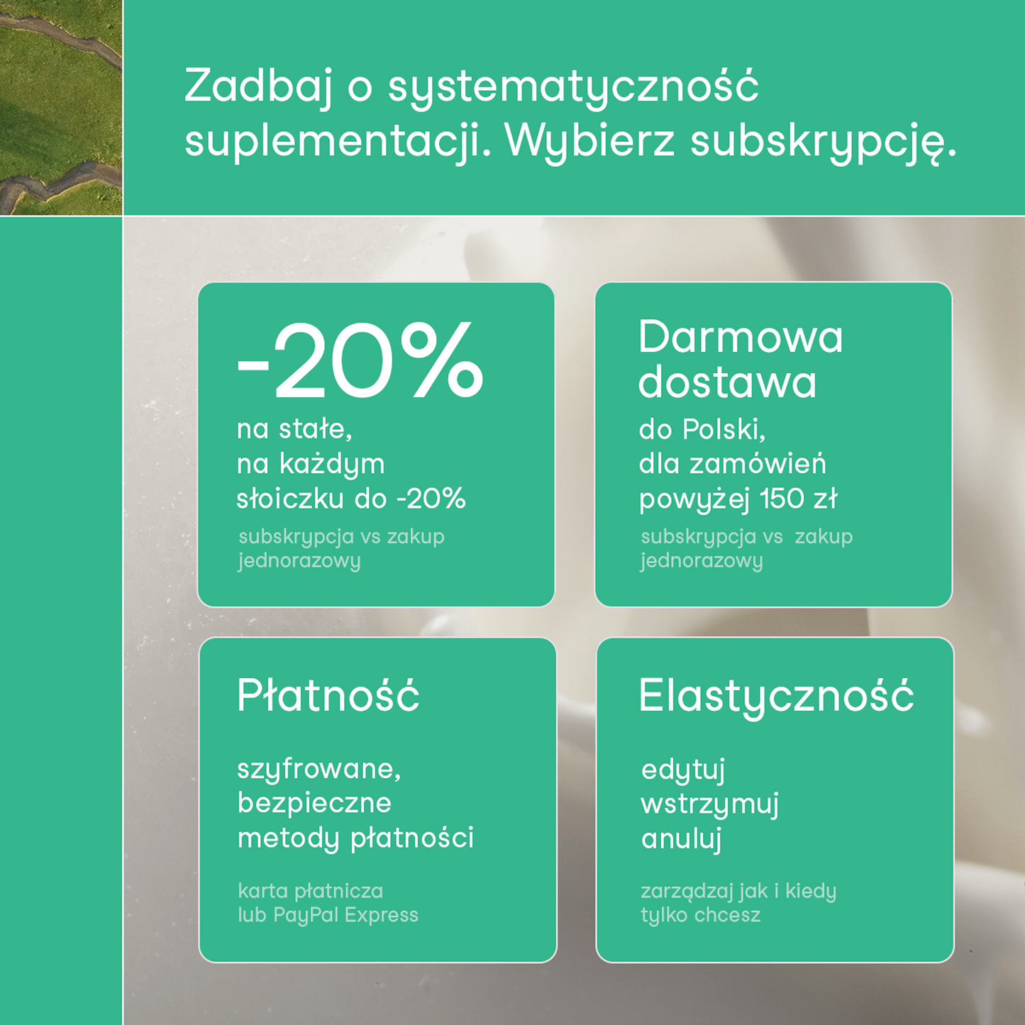 Grafika nikalab z napisem: Zadbaj o systematyczność suplementacji. Wybierz subskrypcję. Cztery zielone kafelki prezentują korzyści: -20% na stałe na każdym słoiczku, darmowa dostawa do Polski dla zamówień powyżej 150 zł, szyfrowane i bezpieczne metody płatności (karta, PayPal Express), elastyczność – możliwość edycji, wstrzymania lub anulowania subskrypcji.