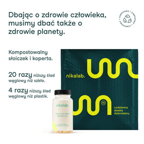 Kompostowalny słoiczek i koperta nikalab – ekologiczne opakowania suplementów diety.