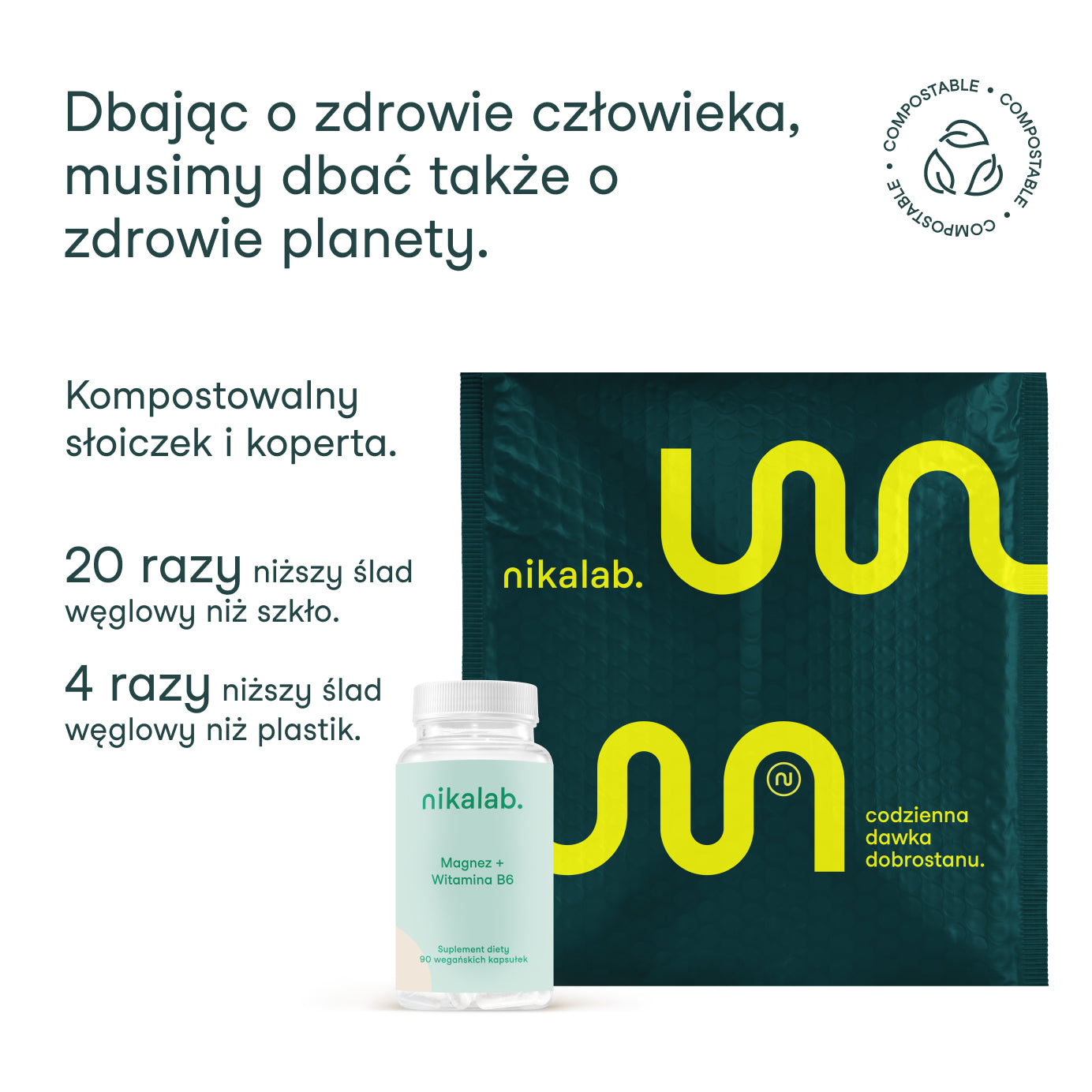 Kompostowalny słoiczek i koperta nikalab – ekologiczne opakowania suplementów diety.