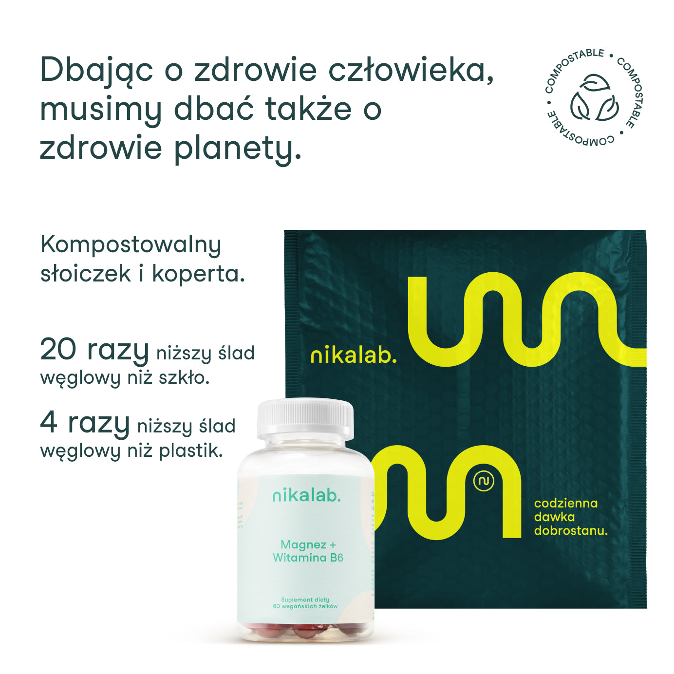 Kompostowalny słoiczek i koperta nikalab – ekologiczne opakowania suplementów diety.