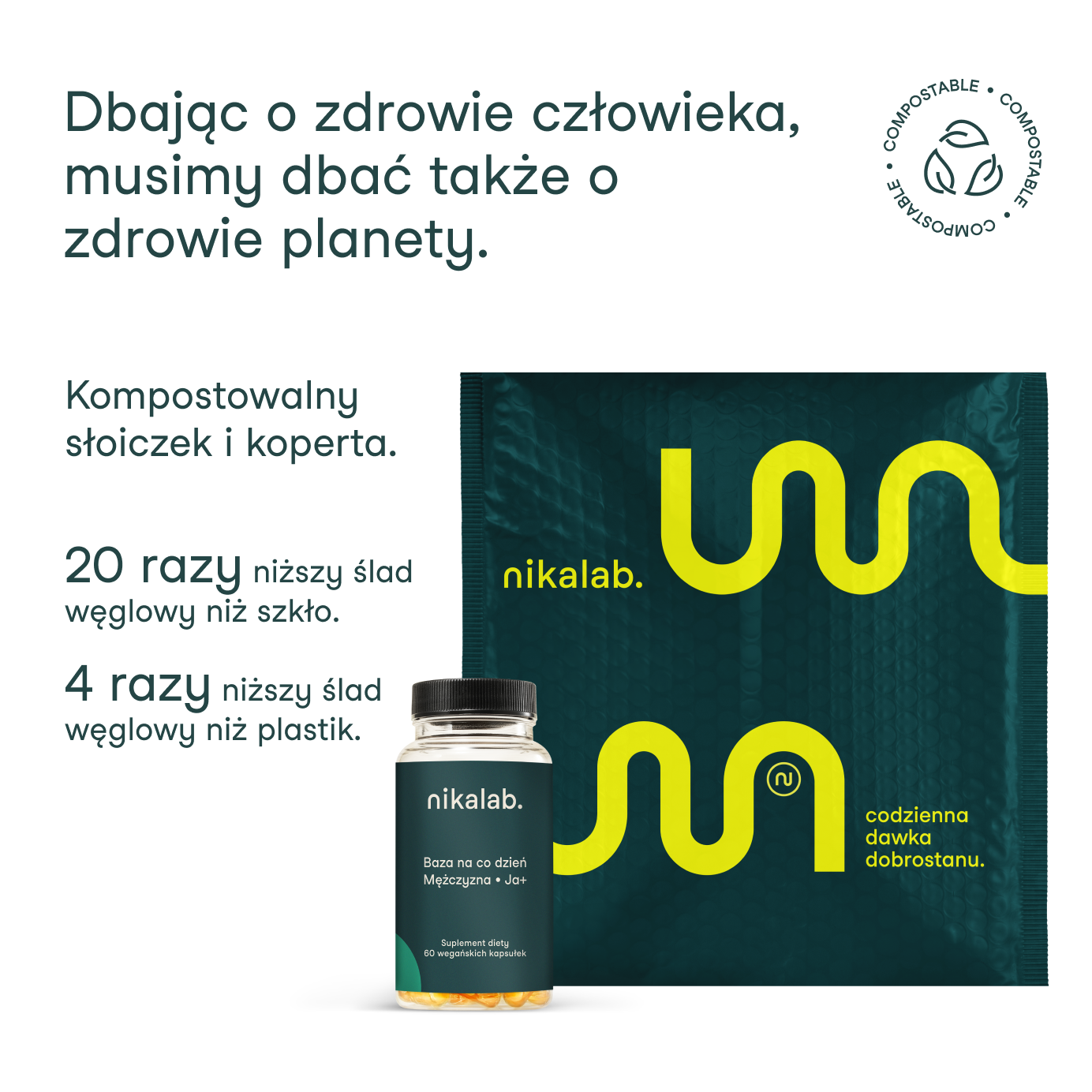 Kompostowalny słoiczek i koperta nikalab – ekologiczne opakowania suplementów diety.