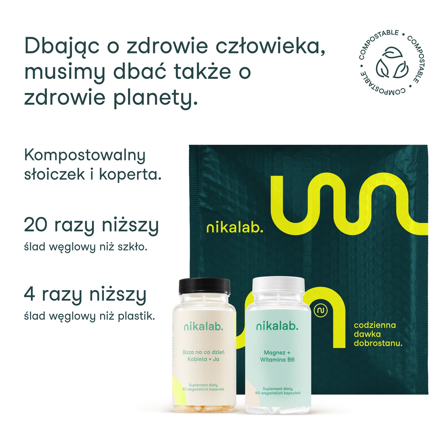 Kompostowalny słoiczek i koperta nikalab – ekologiczne opakowania suplementów diety.