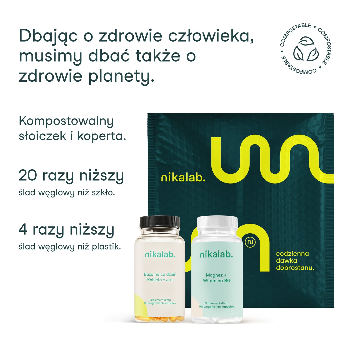 Kompostowalny słoiczek i koperta nikalab – ekologiczne opakowania suplementów diety.