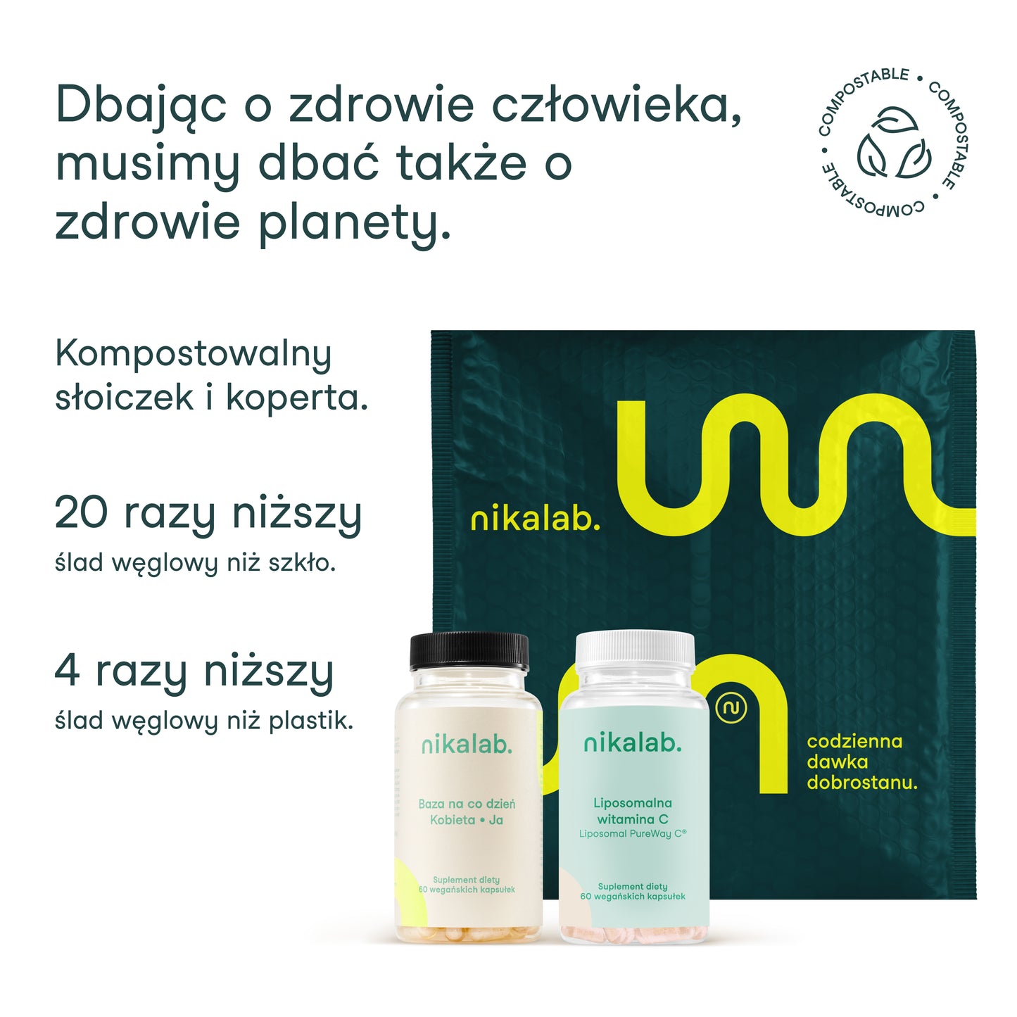 Kompostowalny słoiczek i koperta nikalab – ekologiczne opakowania suplementów diety.