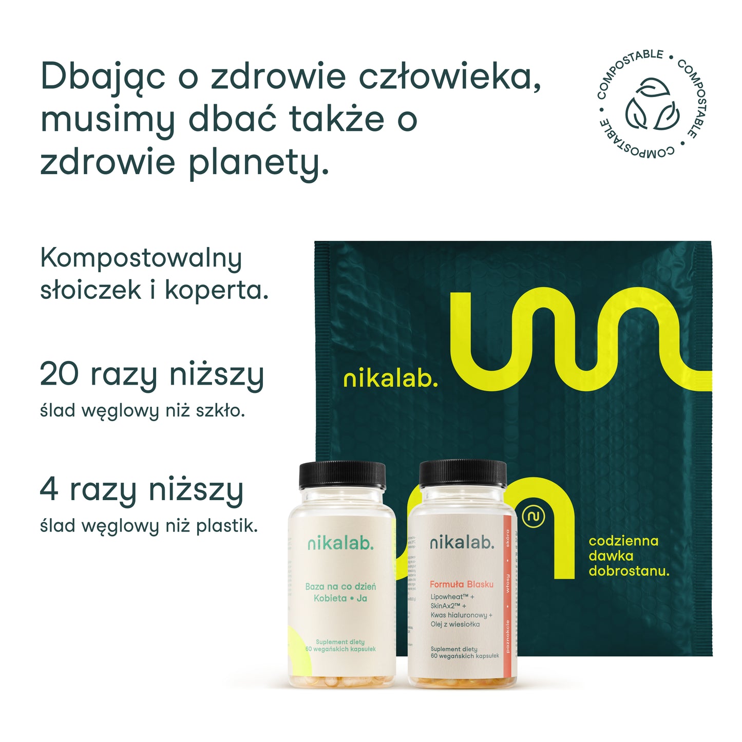 Kompostowalny słoiczek i koperta nikalab – ekologiczne opakowania suplementów diety.
