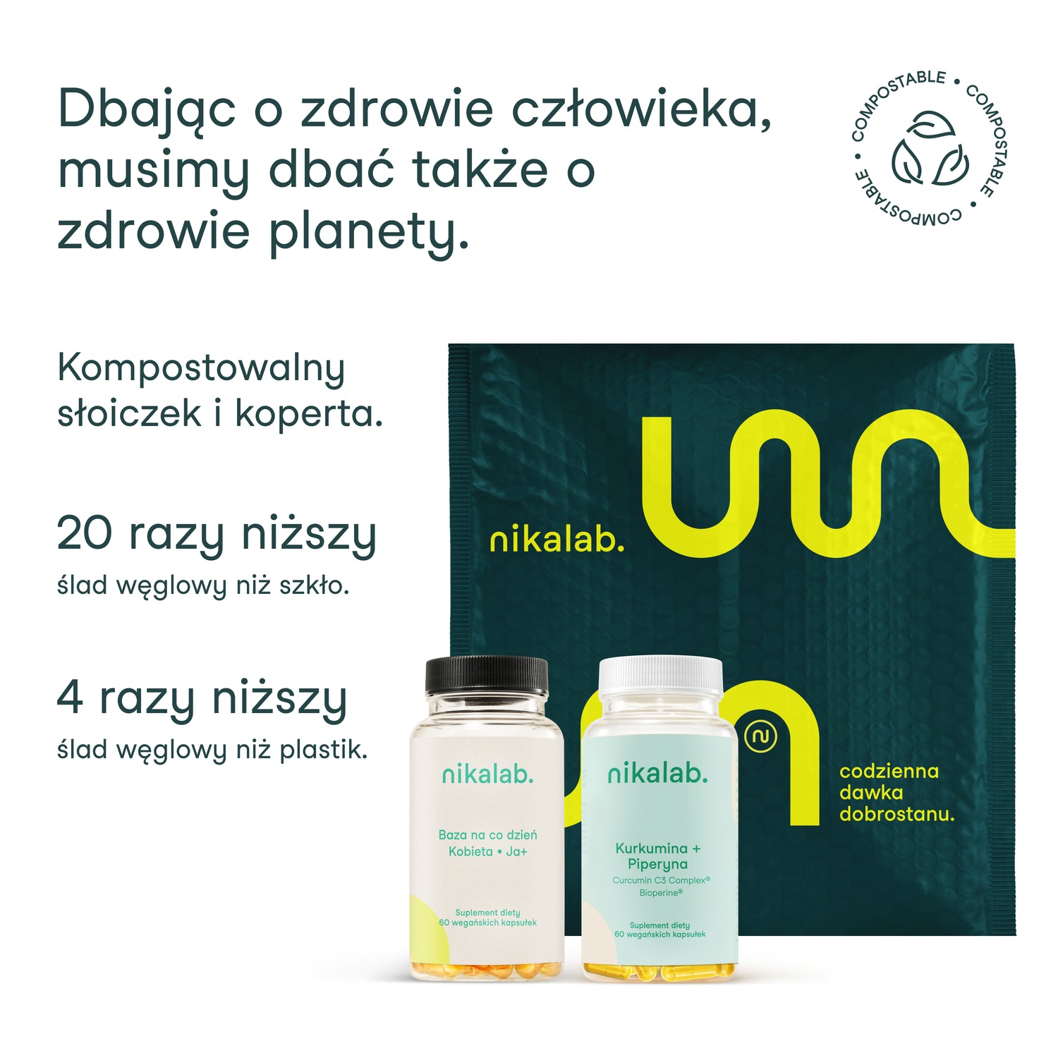 Kompostowalny słoiczek i koperta nikalab – ekologiczne opakowania suplementów diety.