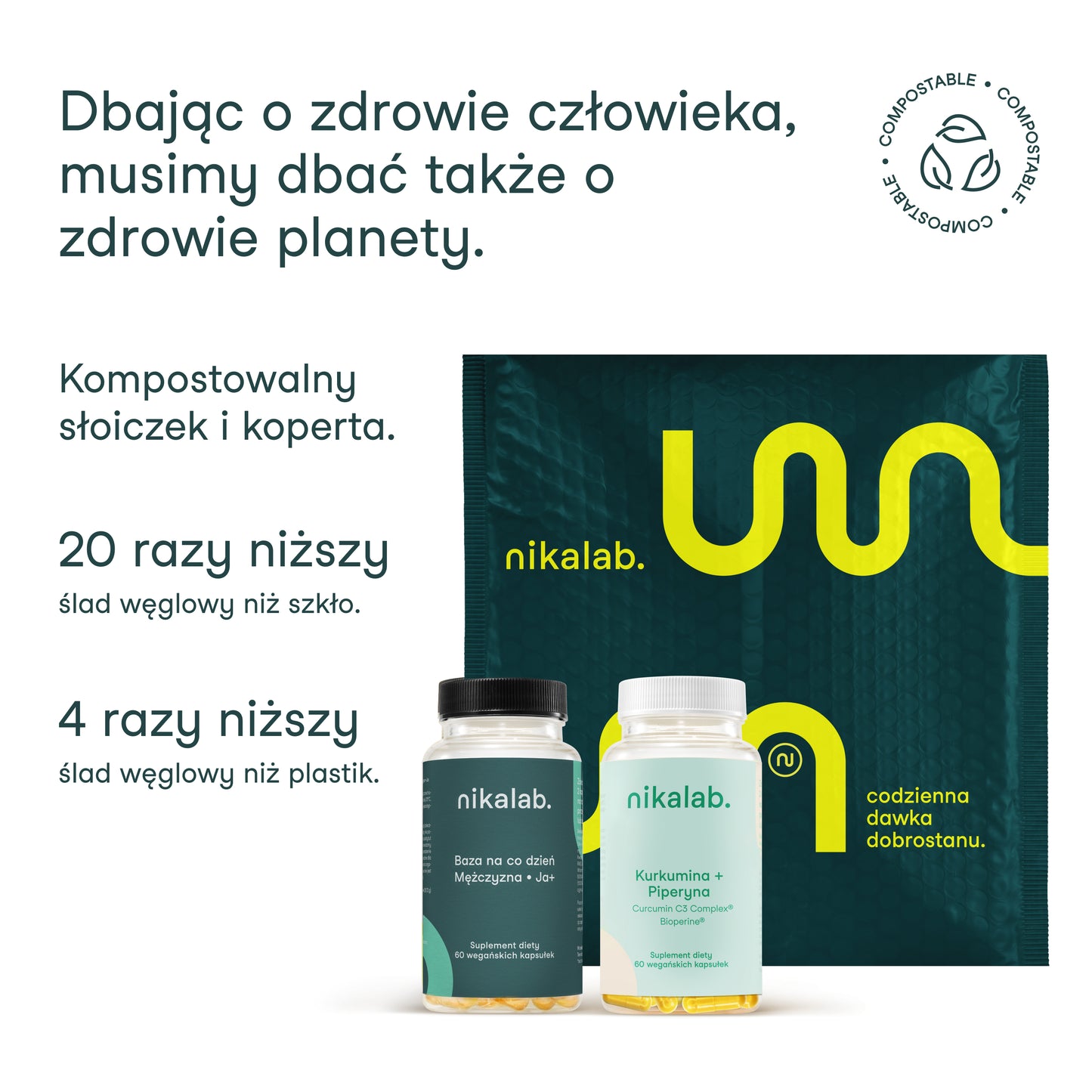 Kompostowalny słoiczek i koperta nikalab – ekologiczne opakowania suplementów diety.