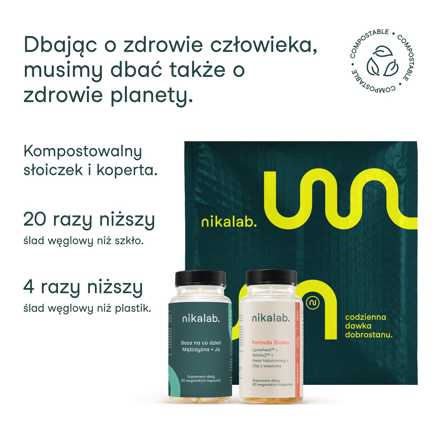Kompostowalny słoiczek i koperta nikalab – ekologiczne opakowania suplementów diety.