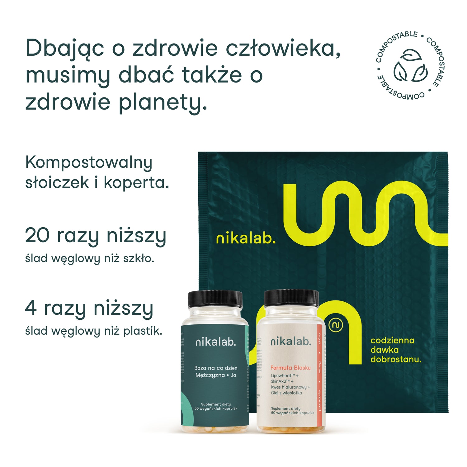 Kompostowalny słoiczek i koperta nikalab – ekologiczne opakowania suplementów diety.